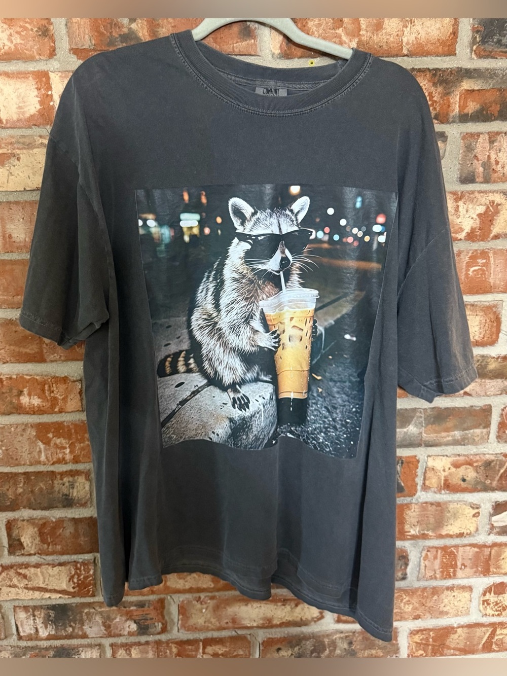 Comfort Colors Pepper Short Sleeve Tee with Raccoon Iced Coffee Graphic